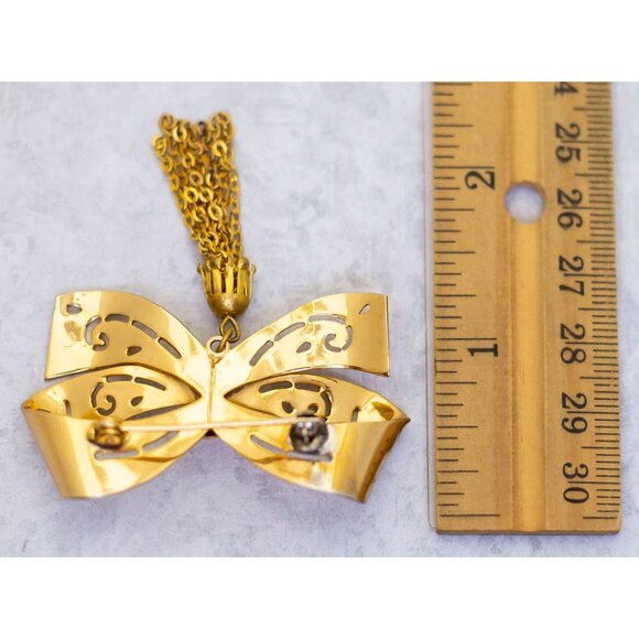 Vintage Ribbon Gold Tone Tassel Dangle Brooch - CM1 - Picture 3 of 3